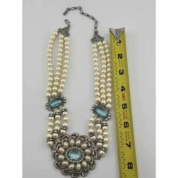 VTG 1928 Faux Pearl 3 Strand Choker Necklace Blue Clear Stones LRG Pendant - Picture 12 of 14